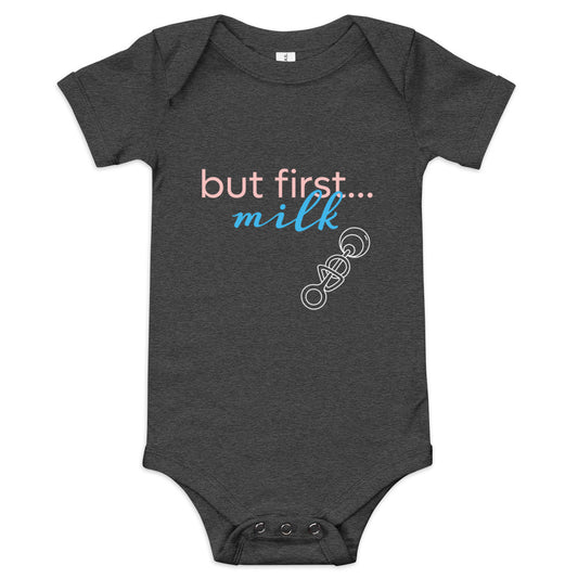 "but first... milk" baby short sleeve onesie